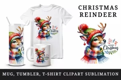 Watercolor cute reindeer hat scarf Merry Christmas quote print 20 oz tumbler skinny mug wrap clipart t-shirt sublimation printable design
