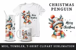 Watercolor cute reindeer hat scarf Merry Christmas quote print 20 oz tumbler skinny mug wrap clipart t-shirt sublimation printable design