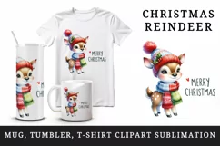 Watercolor cute reindeer hat scarf Merry Christmas quote print 20 oz tumbler skinny mug wrap clipart t-shirt sublimation printable design