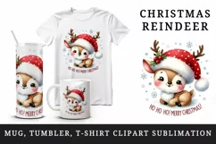 Watercolor cute reindeer hat scarf snowflakes Merry Christmas quote print 20 oz tumbler skinny mug wrap clipart t-shirt sublimation printable design