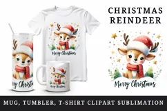 Watercolor cute reindeer hat scarf stars Merry Christmas quote print 20 oz tumbler skinny mug wrap clipart t-shirt sublimation printable design