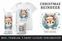 Watercolor cute reindeer hat snowflakes round Merry Christmas quote print 20 oz tumbler skinny mug wrap clipart t-shirt sublimation printable design