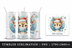 Watercolor cute reindeer hat snowflakes round Merry Christmas quote print 20 oz tumbler skinny mug wrap clipart t-shirt sublimation printable design