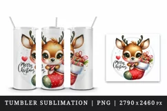 Watercolor cute reindeer holding stocking gifts Merry Christmas quote print 20 oz tumbler skinny mug wrap clipart t-shirt sublimation printable design