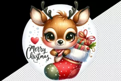 Watercolor cute reindeer holding stocking gifts Merry Christmas quote print 20 oz tumbler skinny mug wrap clipart t-shirt sublimation printable design