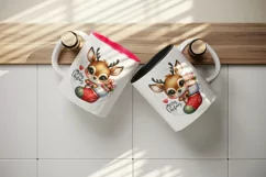 Watercolor cute reindeer holding stocking gifts Merry Christmas quote print 20 oz tumbler skinny mug wrap clipart t-shirt sublimation printable design