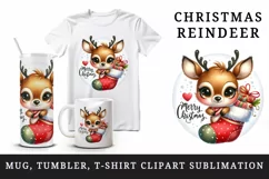 Watercolor cute reindeer holding stocking gifts Merry Christmas quote print 20 oz tumbler skinny mug wrap clipart t-shirt sublimation printable design