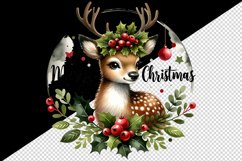 Watercolor cute reindeer holly berries round Merry Christmas quote print 20 oz tumbler skinny mug wrap clipart t-shirt sublimation printable design