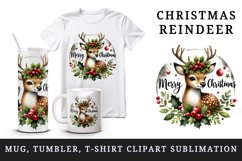 Watercolor cute reindeer holly berries round Merry Christmas quote print 20 oz tumbler skinny mug wrap clipart t-shirt sublimation printable design