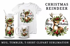 Watercolor cute reindeer holly berries round Merry Christmas quote print 20 oz tumbler skinny mug wrap clipart t-shirt sublimation printable design