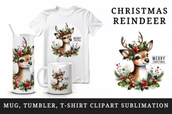 Watercolor cute reindeer holly berries round Merry Christmas quote print 20 oz tumbler skinny mug wrap clipart t-shirt sublimation printable design
