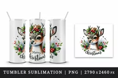 Watercolor cute reindeer holly berries round Merry Christmas quote print 20 oz tumbler skinny mug wrap clipart t-shirt sublimation printable design