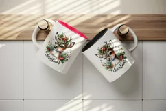 Watercolor cute reindeer holly berries round Merry Christmas quote print 20 oz tumbler skinny mug wrap clipart t-shirt sublimation printable design