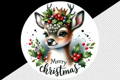 Watercolor cute reindeer holly berries round Merry Christmas quote print 20 oz tumbler skinny mug wrap clipart t-shirt sublimation printable design
