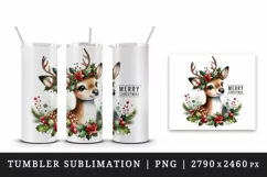 Watercolor cute reindeer holly berries round Merry Christmas quote print 20 oz tumbler skinny mug wrap clipart t-shirt sublimation printable design