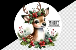 Watercolor cute reindeer holly berries round Merry Christmas quote print 20 oz tumbler skinny mug wrap clipart t-shirt sublimation printable design