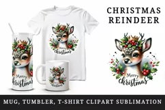Watercolor cute reindeer holly berries round Merry Christmas quote print 20 oz tumbler skinny mug wrap clipart t-shirt sublimation printable design