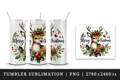 Watercolor cute reindeer holly berries round Merry Christmas quote print 20 oz tumbler skinny mug wrap clipart t-shirt sublimation printable design