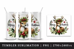 Watercolor cute reindeer holly berries round Merry Christmas quote print 20 oz tumbler skinny mug wrap clipart t-shirt sublimation printable design