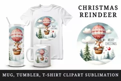 Watercolor cute reindeer hot air balloon Merry Christmas quote print 20 oz tumbler skinny mug wrap clipart t-shirt sublimation printable design