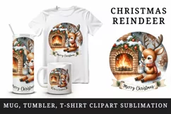 Watercolor cute reindeer hot cocoa fireplace Merry Christmas quote print 20 oz tumbler skinny mug wrap clipart t-shirt sublimation printable design
