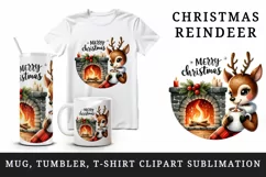 Watercolor cute reindeer hot cocoa fireplace Merry Christmas quote print 20 oz tumbler skinny mug wrap clipart t-shirt sublimation printable design