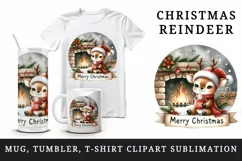 Watercolor cute reindeer hot cocoa fireplace Merry Christmas quote print 20 oz tumbler skinny mug wrap clipart t-shirt sublimation printable design