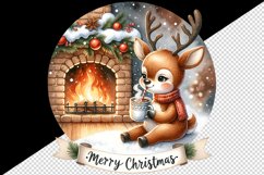 Watercolor cute reindeer hot cocoa fireplace Merry Christmas quote print 20 oz tumbler skinny mug wrap clipart t-shirt sublimation printable design