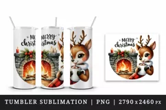 Watercolor cute reindeer hot cocoa fireplace Merry Christmas quote print 20 oz tumbler skinny mug wrap clipart t-shirt sublimation printable design