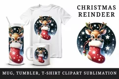 Watercolor cute reindeer in Christmas stocking twinkling stars print 20 oz tumbler skinny mug wrap clipart t-shirt sublimation printable design