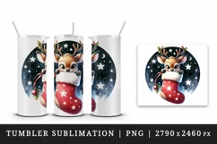 Watercolor cute reindeer in Christmas stocking twinkling stars print 20 oz tumbler skinny mug wrap clipart t-shirt sublimation printable design