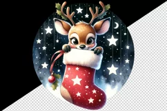 Watercolor cute reindeer in Christmas stocking twinkling stars print 20 oz tumbler skinny mug wrap clipart t-shirt sublimation printable design