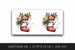 Watercolor cute reindeer in large Christmas stocking filled with gifts print 20oz tumbler skinny mug wrap clipart t-shirt sublimation printable design