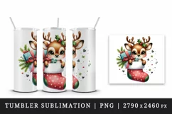 Watercolor cute reindeer in large Christmas stocking filled with gifts print 20oz tumbler skinny mug wrap clipart t-shirt sublimation printable design