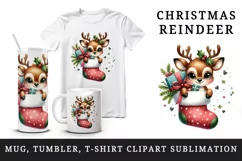 Watercolor cute reindeer in large Christmas stocking filled with gifts print 20oz tumbler skinny mug wrap clipart t-shirt sublimation printable design
