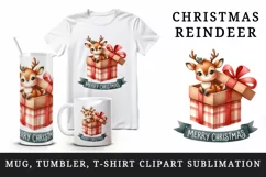 Watercolor cute reindeer inside gift box Merry Christmas quote print 20 oz tumbler skinny mug wrap clipart t-shirt sublimation printable design