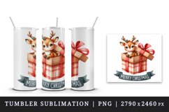 Watercolor cute reindeer inside gift box Merry Christmas quote print 20 oz tumbler skinny mug wrap clipart t-shirt sublimation printable design