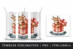 Watercolor cute reindeer inside gift box Merry Christmas quote print 20 oz tumbler skinny mug wrap clipart t-shirt sublimation printable design