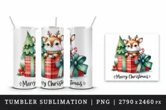 Watercolor cute reindeer inside gift box Merry Christmas quote round print 20 oz tumbler skinny mug wrap clipart t-shirt sublimation printable design