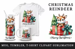 Watercolor cute reindeer inside gift box Merry Christmas quote round print 20 oz tumbler skinny mug wrap clipart t-shirt sublimation printable design