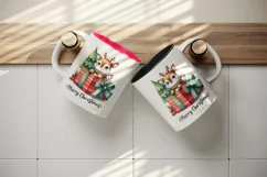 Watercolor cute reindeer inside gift box Merry Christmas quote round print 20 oz tumbler skinny mug wrap clipart t-shirt sublimation printable design