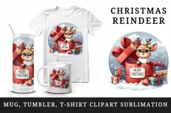 Watercolor cute reindeer inside gift box present Merry Christmas quote print 20oz tumbler skinny mug wrap clipart t-shirt sublimation printable design
