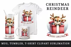 Watercolor cute reindeer inside gift box present Merry Christmas quote print 20oz tumbler skinny mug wrap clipart t-shirt sublimation printable design