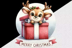 Watercolor cute reindeer inside gift box present Merry Christmas quote print 20oz tumbler skinny mug wrap clipart t-shirt sublimation printable design