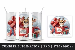 Watercolor cute reindeer inside gift box present Merry Christmas quote print 20oz tumbler skinny mug wrap clipart t-shirt sublimation printable design