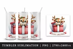 Watercolor cute reindeer inside gift box present Merry Christmas quote print 20oz tumbler skinny mug wrap clipart t-shirt sublimation printable design