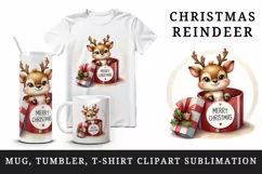 Watercolor cute reindeer inside gift box round Merry Christmas quote print 20 oz tumbler skinny mug wrap clipart t-shirt sublimation printable design