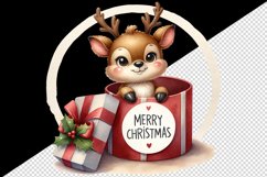 Watercolor cute reindeer inside gift box round Merry Christmas quote print 20 oz tumbler skinny mug wrap clipart t-shirt sublimation printable design