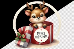 Watercolor cute reindeer inside gift box round Merry Christmas quote print 20 oz tumbler skinny mug wrap clipart t-shirt sublimation printable design