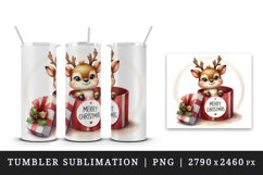 Watercolor cute reindeer inside gift box round Merry Christmas quote print 20 oz tumbler skinny mug wrap clipart t-shirt sublimation printable design